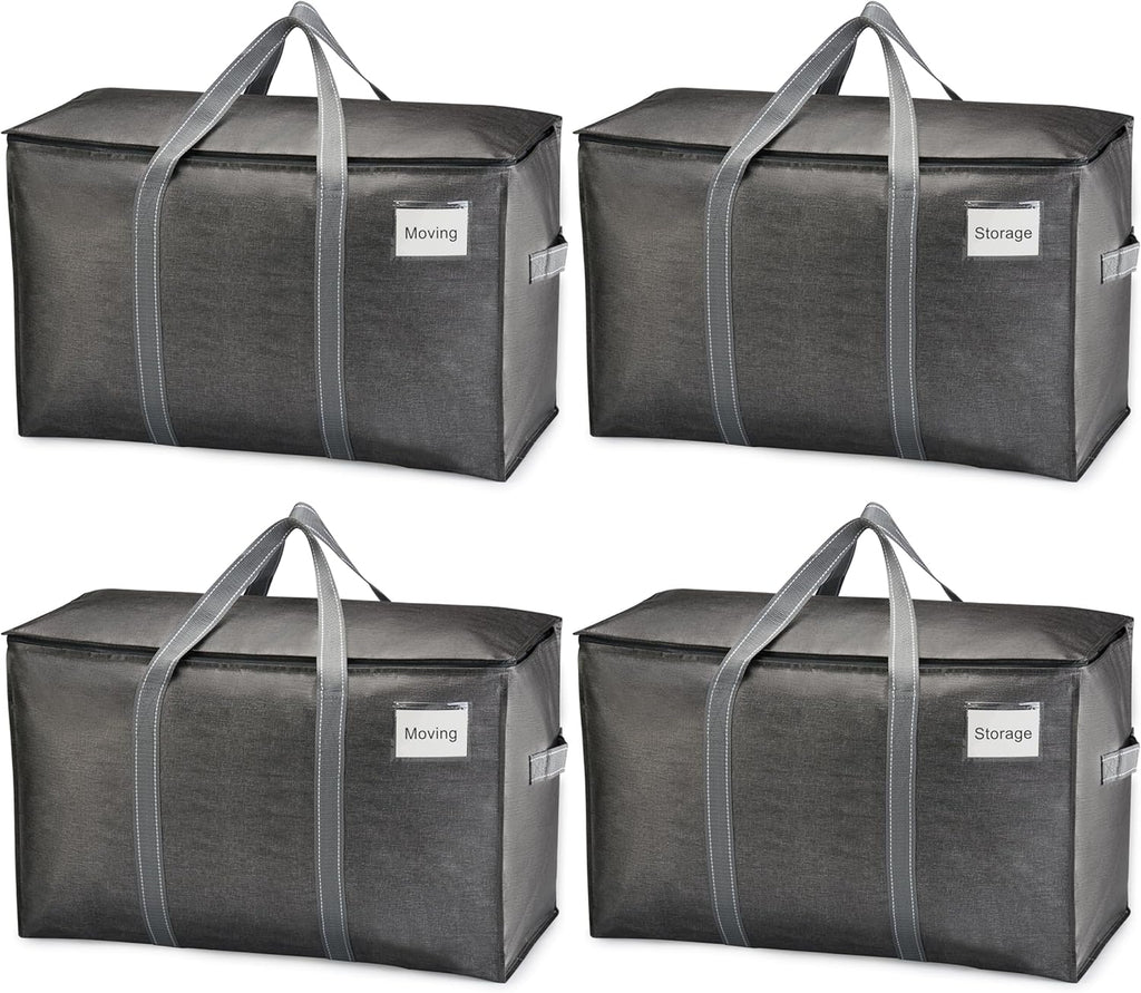 Opbergzak van 102 liter, opbergbox met deksel, stevige handvatten, verhuiszakken met ritssluiting, alternatief voor verhuisdozen, opvouwbare kledingopbergers (grijs, Pac